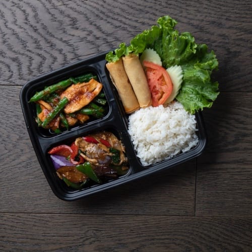 B-Bento 3, Spring roll, Eggplant Basil Pork, Green Bean Chicken.
