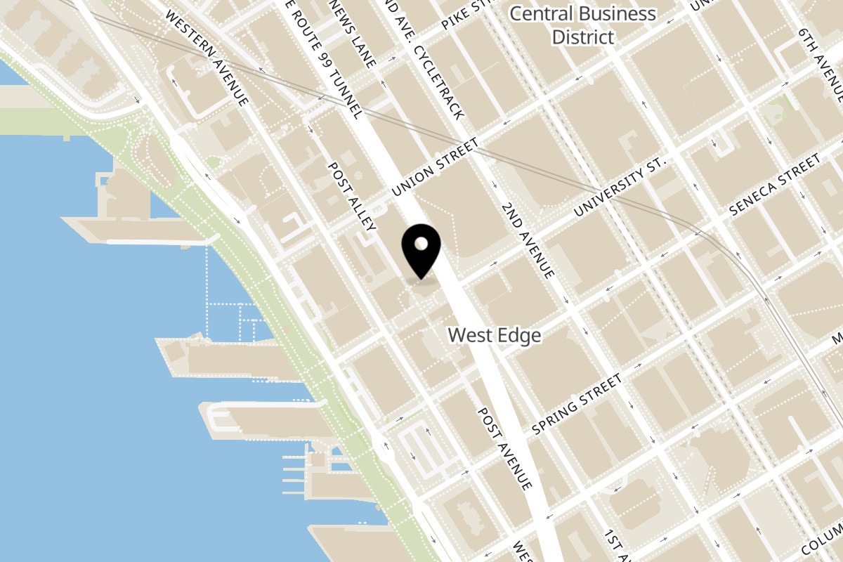 Map showing the location of Noi Thai Cuisine Downtown Seattle on 1303 1st Ave in Seattle
